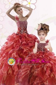 One Shoulder Organza Sleeveless Floor Length Quinceanera Dress and Beading and Ruffles