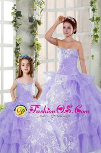 Lavender Ball Gowns Organza Strapless Sleeveless Embroidery and Ruffled Layers Floor Length Lace Up Quinceanera Dresses