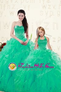 Attractive Floor Length Lace Up Quinceanera Dress Turquoise and In for Military Ball and Sweet 16 and Quinceanera with Beading and Ruffles