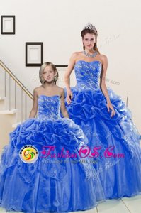 Fitting Blue Organza Lace Up Sweet 16 Dresses Sleeveless Floor Length Beading and Pick Ups