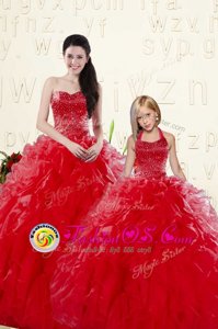 New Arrival Floor Length Coral Red 15th Birthday Dress Sweetheart Sleeveless Lace Up