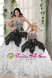 Sophisticated White and Black Ball Gowns Sweetheart Sleeveless Organza Floor Length Lace Up Beading and Ruffles Vestidos de Quinceanera