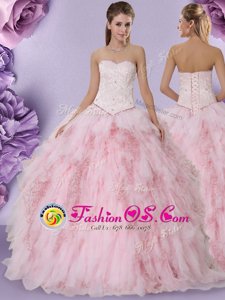 Custom Designed Beading and Lace and Ruffles Quinceanera Gowns Baby Pink Lace Up Sleeveless Floor Length