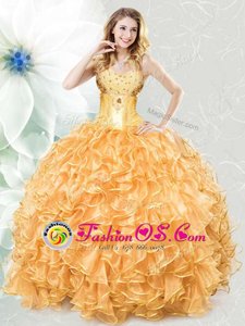 Designer Gold Sweetheart Lace Up Beading and Ruffles Quince Ball Gowns Sleeveless
