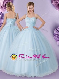 One Shoulder Light Blue Sleeveless Tulle Lace Up 15 Quinceanera Dress for Military Ball and Sweet 16 and Quinceanera