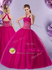 Beautiful Halter Top Floor Length Lace Up Sweet 16 Dress Fuchsia and In for Military Ball and Sweet 16 and Quinceanera with Beading
