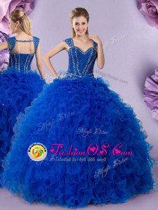 Sweet Straps Royal Blue Cap Sleeves Floor Length Beading and Ruffles Lace Up 15 Quinceanera Dress