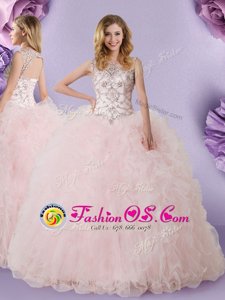 Simple Baby Pink Ball Gowns Tulle Scoop Sleeveless Lace Floor Length Lace Up Sweet 16 Dress