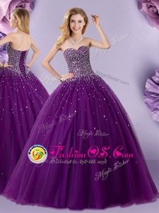 Stunning Floor Length Dark Purple 15th Birthday Dress Tulle Sleeveless Beading