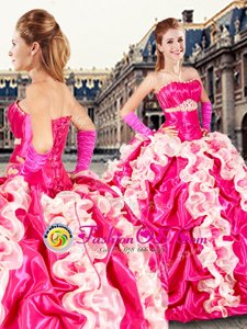 Pick Ups Ball Gowns Quinceanera Dress Hot Pink Strapless Organza and Taffeta Sleeveless Floor Length Lace Up