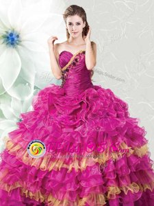 Pretty Floor Length Lace Up 15th Birthday Dress Fuchsia and In for Military Ball and Sweet 16 and Quinceanera with Ruffles and Ruffled Layers
