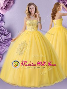 Delicate Gold Lace Up Quinceanera Gown Beading Sleeveless Floor Length