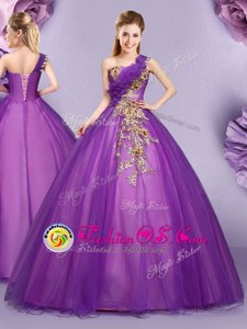 Purple Ball Gowns Tulle One Shoulder Sleeveless Appliques and Ruffles Floor Length Lace Up 15th Birthday Dress