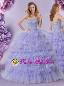 Traditional Sleeveless Tulle Floor Length Lace Up Sweet 16 Quinceanera Dress in Lavender for with Beading and Ruffled Layers