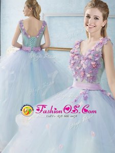 Eye-catching Sleeveless Floor Length Appliques and Ruffles Lace Up Quince Ball Gowns with Light Blue