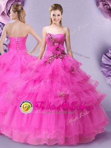 Ruffled Floor Length Ball Gowns Sleeveless Hot Pink Quinceanera Gown Lace Up