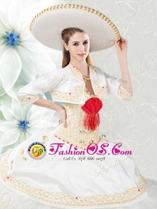 Nice White Organza and Taffeta Lace Up Quinceanera Dress Sleeveless Floor Length Beading and Embroidery and Ruffles