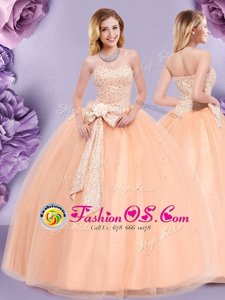 Floor Length Zipper Sweet 16 Dress Peach and In for Military Ball and Sweet 16 and Quinceanera with Beading and Bowknot