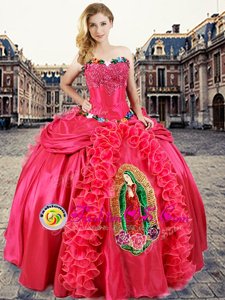 Latest Floor Length Lace Up 15th Birthday Dress Coral Red and In for Military Ball and Sweet 16 and Quinceanera with Beading and Appliques and Ruffles