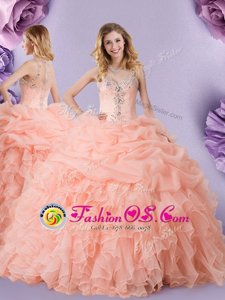 Inexpensive Straps Pick Ups Floor Length Ball Gowns Sleeveless Peach 15th Birthday Dress Zipper