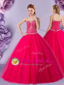 Custom Design Hot Pink Sleeveless Tulle Lace Up 15 Quinceanera Dress for Military Ball and Sweet 16 and Quinceanera