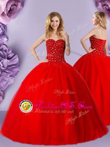Dazzling Red Ball Gowns Tulle Sweetheart Sleeveless Beading Floor Length Lace Up Sweet 16 Quinceanera Dress