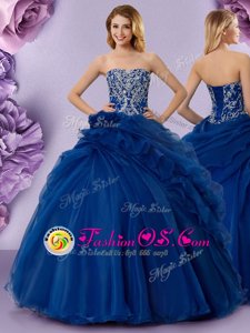 Strapless Sleeveless Lace Up Quinceanera Gown Royal Blue Organza
