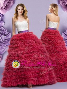Glorious Wine Red Sleeveless Floor Length Lace and Ruffled Layers Lace Up Quinceanera Dresses