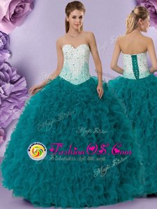 Teal Lace Up Quince Ball Gowns Beading and Ruffles Sleeveless Floor Length