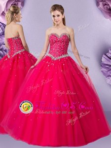 Fashionable Coral Red Ball Gowns Tulle Sweetheart Sleeveless Beading Floor Length Lace Up Vestidos de Quinceanera