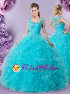 Fantastic Baby Blue Ball Gowns Straps Sleeveless Tulle Floor Length Zipper Beading and Ruffles Quinceanera Gowns