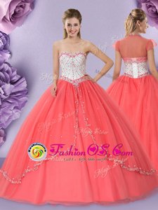 Free and Easy Beading Sweet 16 Dresses Watermelon Red Lace Up Sleeveless Floor Length