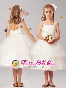 Vintage Ruffled Straps Sleeveless Zipper Flower Girl Dresses White Tulle