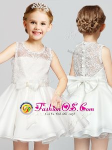 Comfortable Scoop White Clasp Handle Flower Girl Dresses Lace and Bowknot Sleeveless Mini Length