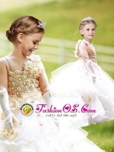 White A-line Ruffled Layers and Hand Made Flower Flower Girl Dresses Zipper Organza Sleeveless