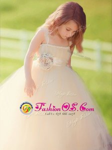 Straps Champagne Tulle Zipper Toddler Flower Girl Dress Sleeveless Floor Length Bowknot and Hand Made Flower