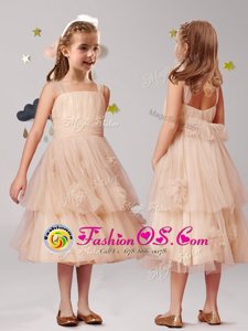 Customized Straps Sleeveless Zipper Tea Length Appliques and Ruffles and Bowknot Flower Girl Dresses