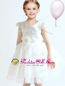 Scoop Cap Sleeves Mini Length Appliques and Bowknot and Hand Made Flower Zipper Toddler Flower Girl Dress with White