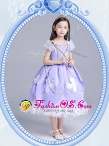 Cute Square Tea Length Ball Gowns Short Sleeves Lavender Flower Girl Dress Zipper