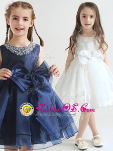 Beautiful White and Navy Blue A-line Organza Scoop Sleeveless Beading and Bowknot Knee Length Zipper Flower Girl Dresses