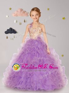 Lilac Organza Lace Up Halter Top Sleeveless Floor Length Flower Girl Dresses Beading and Ruffles and Hand Made Flower