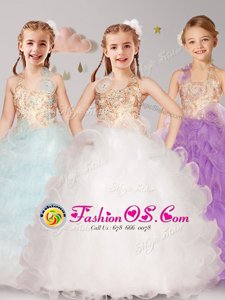 Chic Halter Top White and Apple Green and Lilac Sleeveless Organza Lace Up Flower Girl Dress for Party and Quinceanera and Wedding Party