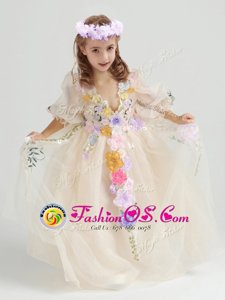 Champagne Tulle Zipper Toddler Flower Girl Dress Half Sleeves Ankle Length Appliques and Hand Made Flower