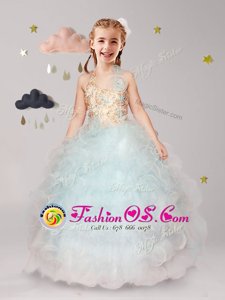 Apple Green Lace Up Halter Top Beading and Ruffles and Hand Made Flower Flower Girl Dresses Organza Sleeveless