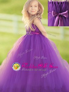 Straps Eggplant Purple Sleeveless Tulle Zipper Flower Girl Dresses for Party and Quinceanera and Wedding Party