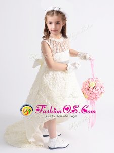 Flare Scoop Sleeveless Fabric With Rolling Flowers Toddler Flower Girl Dress Beading and Bowknot Zipper