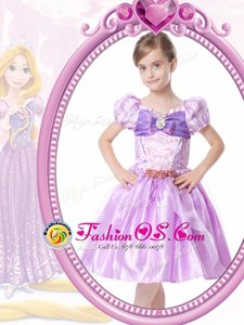 Short Sleeves Knee Length Beading and Bowknot Clasp Handle Flower Girl Dress with Lilac