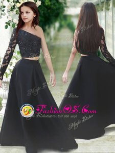 Trendy One Shoulder Floor Length Black Flower Girl Dresses for Less Satin Long Sleeves Lace