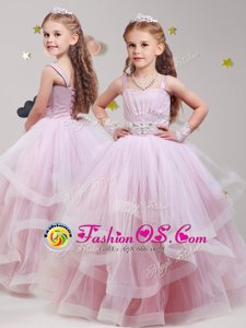 Glamorous Baby Pink Flower Girl Dress Party and Quinceanera and Wedding Party and For with Beading and Ruffles Straps Sleeveless Lace Up