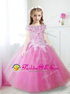 Luxury Off The Shoulder Cap Sleeves Zipper Flower Girl Dress Hot Pink Tulle